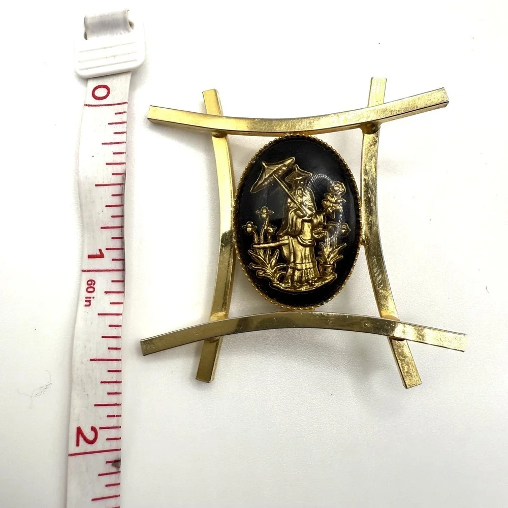 Gold‎ Tone Asian Lady Parasol Black Oval Cameo Brooch Pin Chinoiserie Large